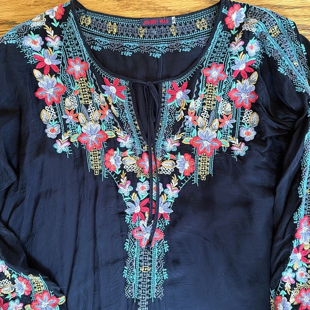 Johnny Was Black Embroidered Floral Dress with Red, Turquoise, Yellow Accents - Picture 2 of 5